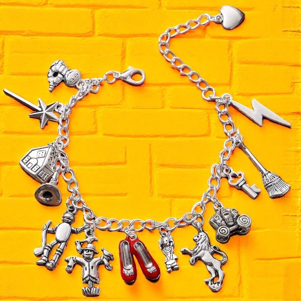 Wizard of Oz Charm Bracelet Dorothy Scarecrow Tin Man Lion Ruby Slippers Sphere